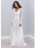 Ivory Lace Chiffon V Neck Keyhole Back Long Sleeves Wedding Dress 